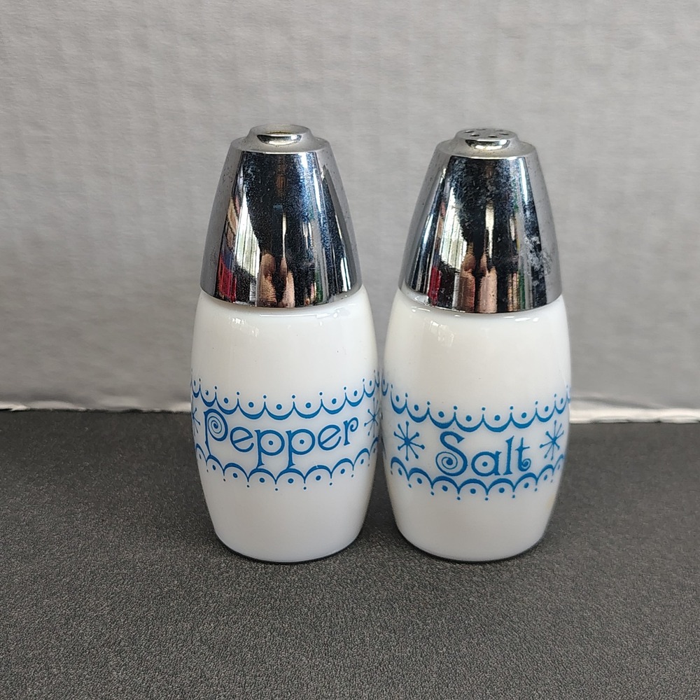 Corelle/Gemco Blue White Salt & Pepper Shakers Chrome Tops Mid Century Kitchen